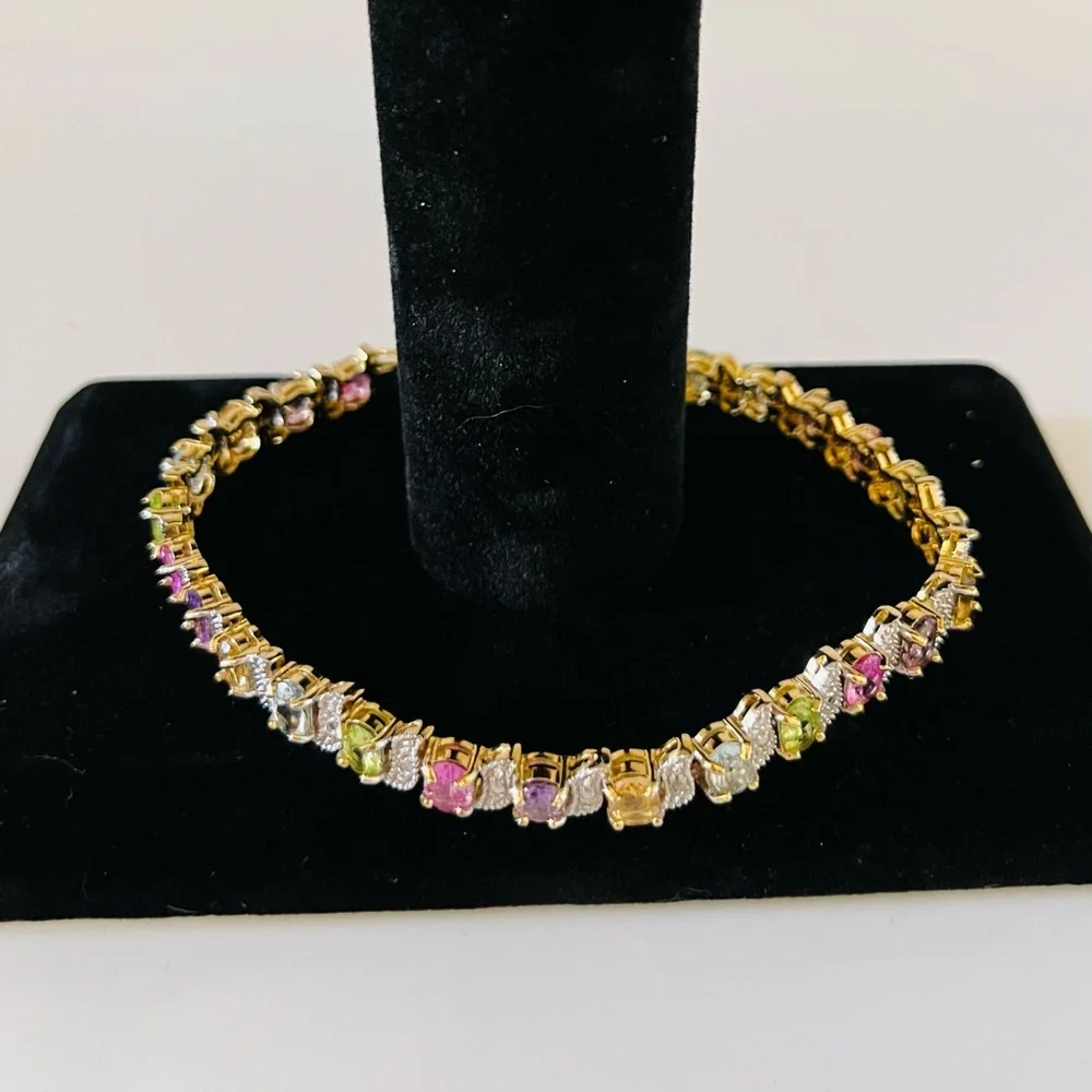 18K Yellow Gold over S/S, Gemstones 12.00CTW, Oval Bracelet w/Diamond Accent - Picture 5 of 13